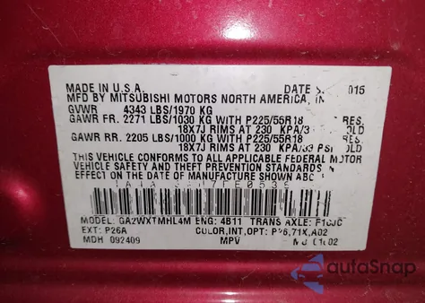 2015 Mitsubishi Outlander Sport Es из США, поврежденный, VIN 4A4AP3AU7FE053642